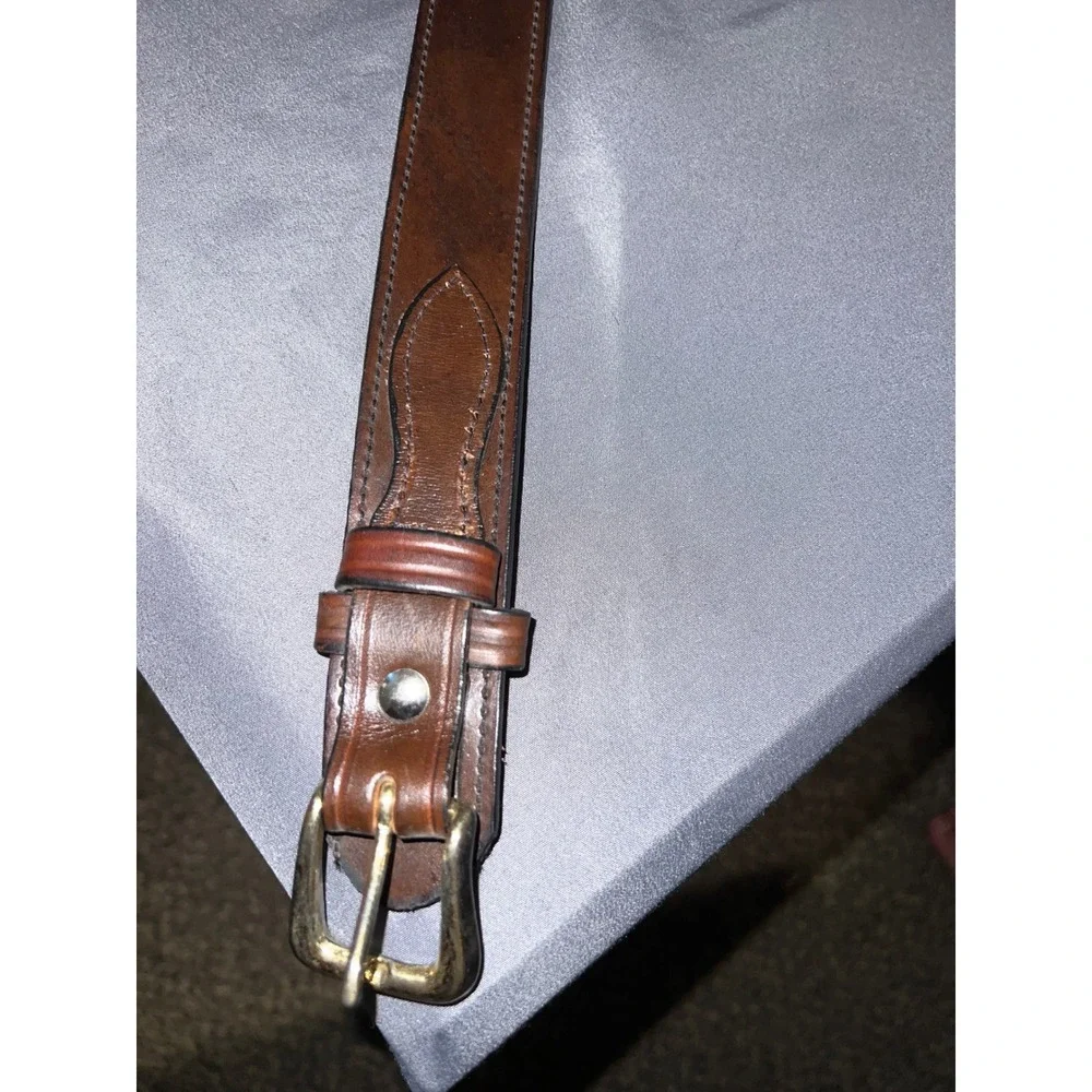 Mens Brown Leather Belt Size 42 Stitched Brass Buckle Classic Western Style 47in